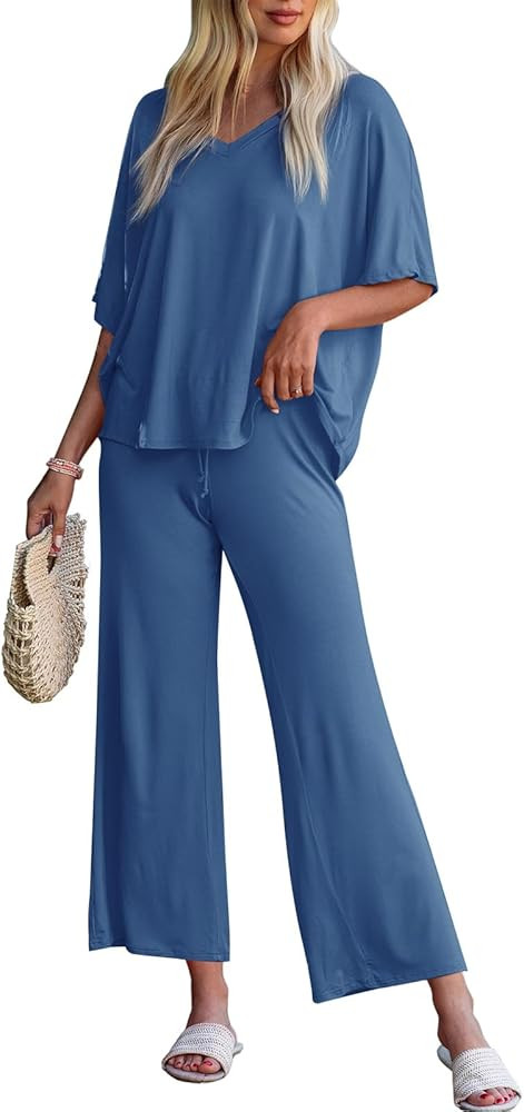 Tankaneo Womens 2 Piece Outfits Lounge Sets Oversized Short Sleeve V Neck Tshirts Wide Leg Croppe... | Amazon (US)