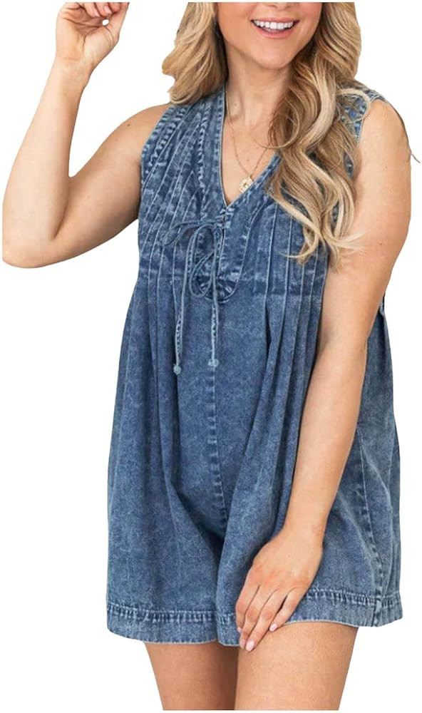 Jean Romper for Women Sleeveless Front Tie Denim Romper Overall Shorts Summer Jean Romper With Po... | Amazon (US)