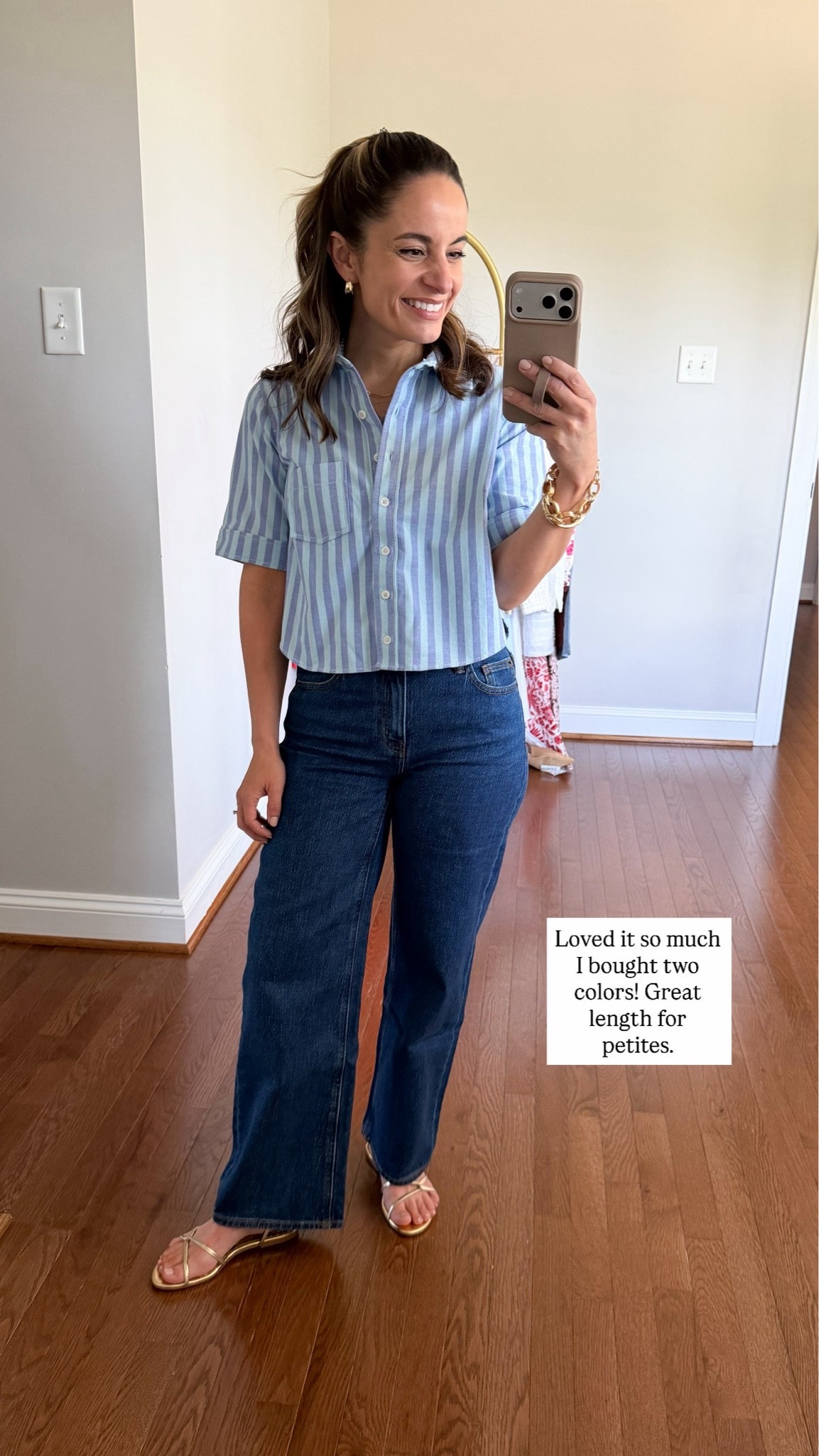 I heard you were looking for summer tops you can wear untucked! 

Striped blue top: xxs 
Jeans: 24 extra short in obsidian blue 

My measurements for reference: I’m 4’10” and 105lbs. My bust, waist, and hip measurement is 32”, 24”, and 36”.