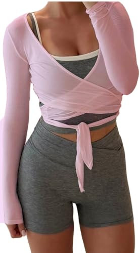 Ballet Wrap Top Women Pilates Workout Yoga Baby Pink Cross Wrap Top Y2k V Neck Long Sleeve Slim Fitted Self Tie T-Shirts Tops | Amazon (US)