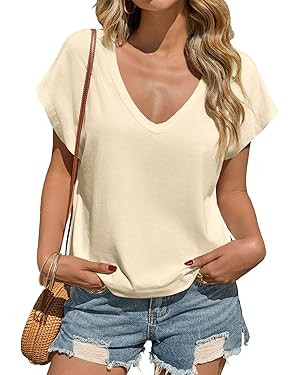 Tankaneo Womens Deep V Neck T Shirts Summer Casual Short Cap Sleeve Tops Loose Fit Basic Tee | Amazon (US)