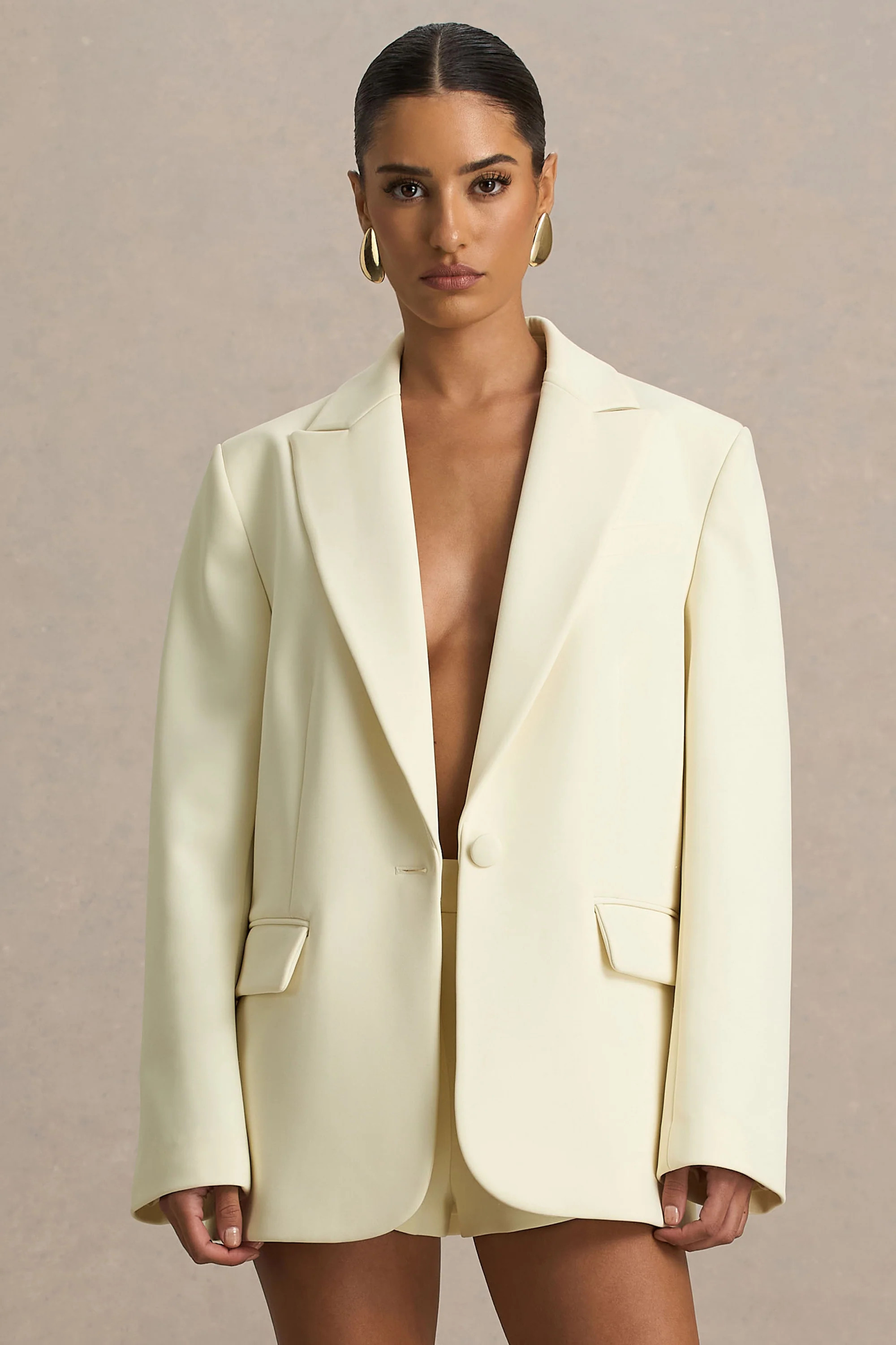 Katherine  Cream Plunge-Neck Tailored Blazer | Club L London