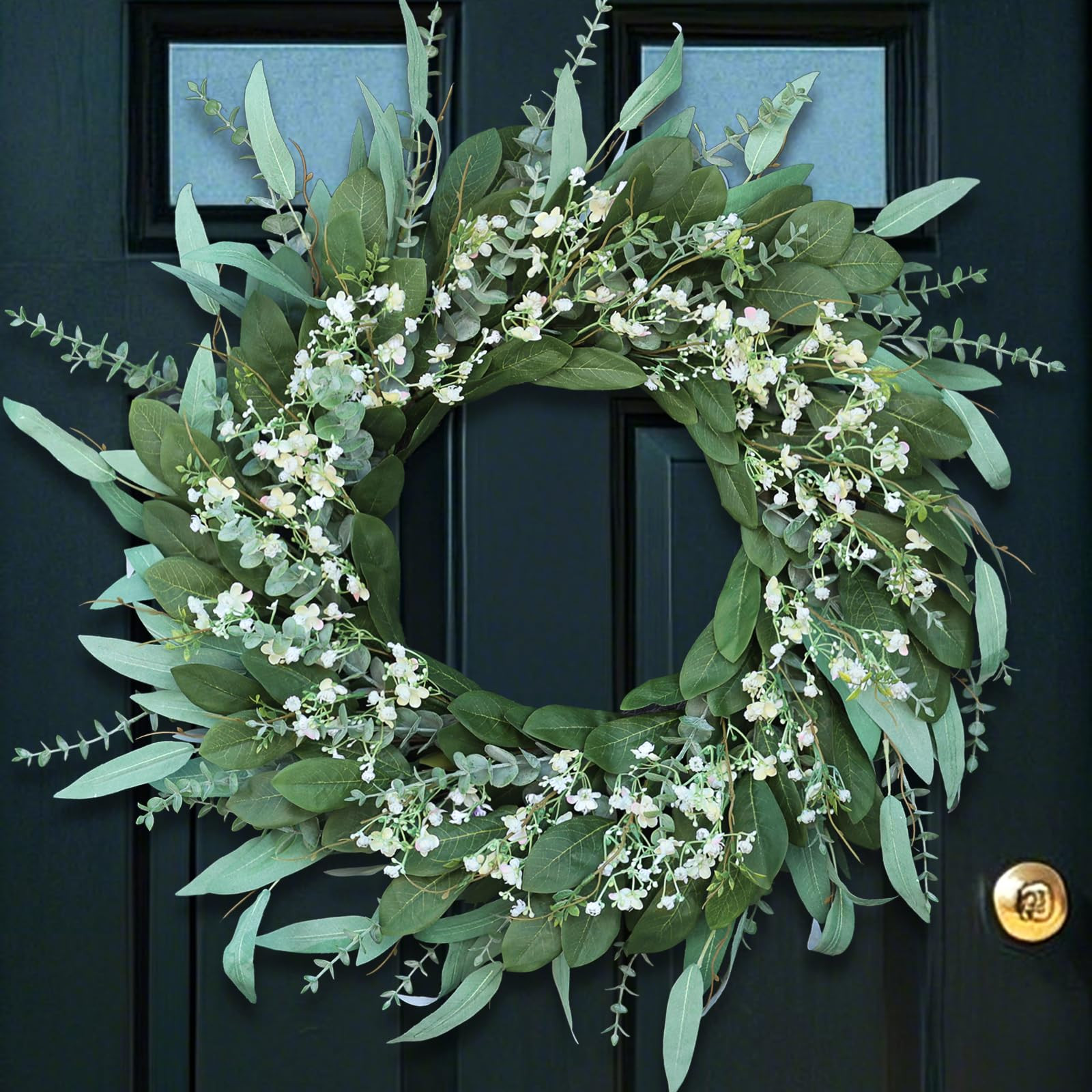26'' Eucalyptus and Babys Breath Flowers Wreath for Front Door - Large Artificial Greenery Outdoo... | Amazon (US)