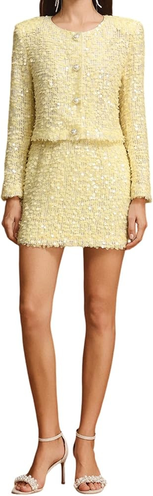 Yellow Crew Neck Long Sleeve Tweed Two Piece Skirt Set for Women Pearl Button Sequin Skirt and To... | Amazon (US)