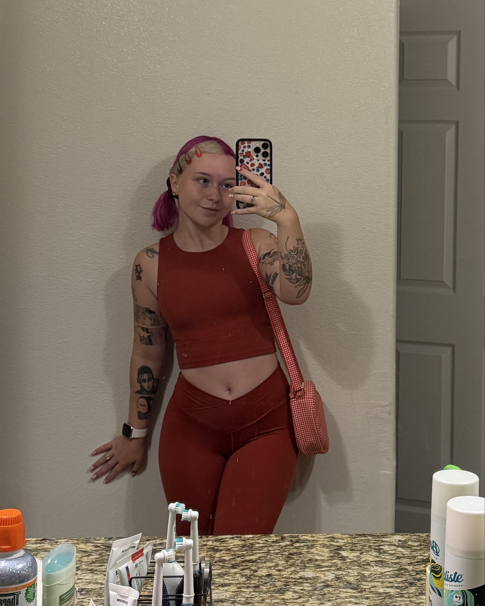 Red activewear leggings and sports bra set with a red gingham heart bag ❤️

#LTKSpringSale #LTKSeasonal #LTKActive