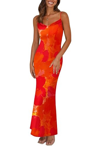 PRETTYGARDEN Adjustable Straps Sleeveless Summer Dresses for Women 2024 Floral Mesh Bodycon Sexy Dress Backless Maxi Dress (Orange Red Big Floral,XX-Large) | Amazon (US)