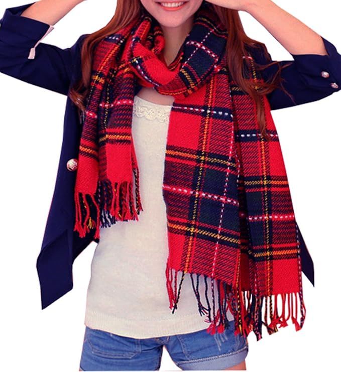 Wander Agio Women's Fashion Long Shawl Big Grid Winter Warm Lattice Large Scarf Orange Red Winter... | Amazon (US)