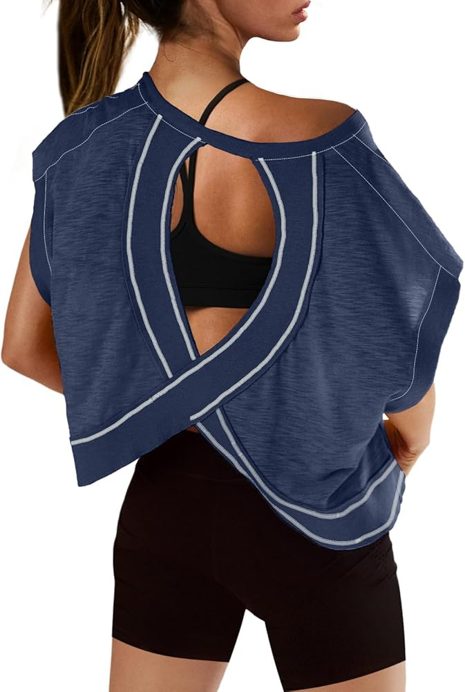Womens Open Back Workout Tops Loose Fit Athletic Short Sleeve Shirts Backless Cute Crop Top Gym R... | Amazon (US)