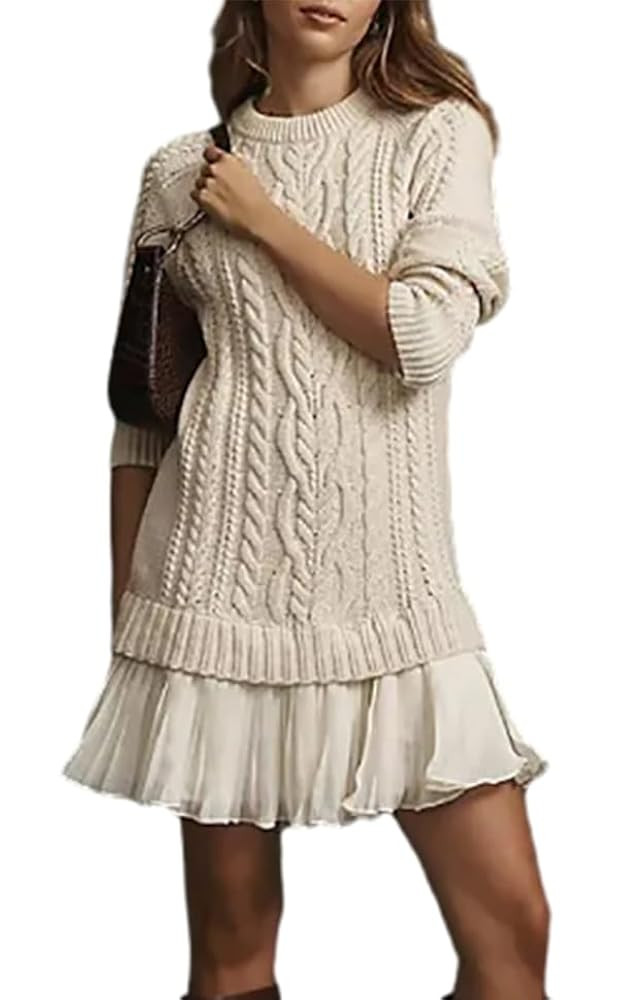 Women Crewneck Cable Knit Sweater Mini Dress, Fall Long Sleeve Sweater Dress Plus Size for Women | Amazon (US)