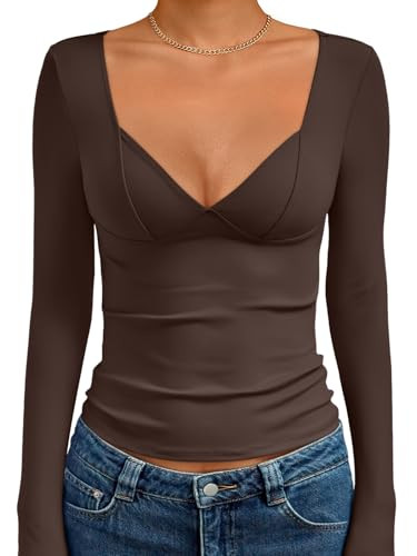Trendy Queen Going Out Tops for Women Trendy Long Sleeve Shirts Fashion Clothing V Neck Basic Y2K Clothes Cute Shirt Corset Brown M | Amazon (US)