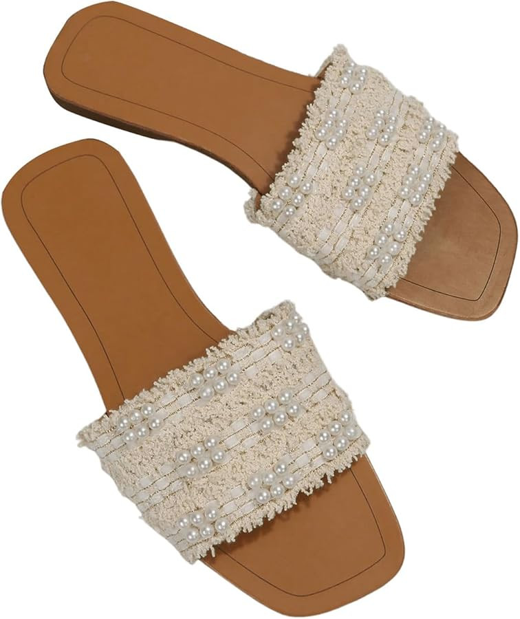 GORGLITTER Women's Summer Beach Vacation Slides Sandals Dressy Cute Summer Boho Pearls Square Toe... | Amazon (US)
