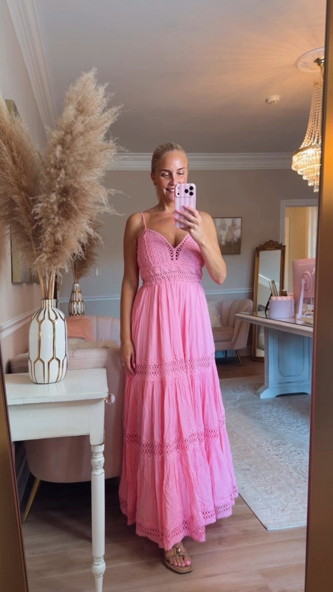 The most beautiful tiered pink maxi dress with beautiful crochet trim. Runs big. I'm wearing an extra small and it's a tiny bit big in the back/waist.

#LTKdayinmylife #LTKgrwm #LTKootd