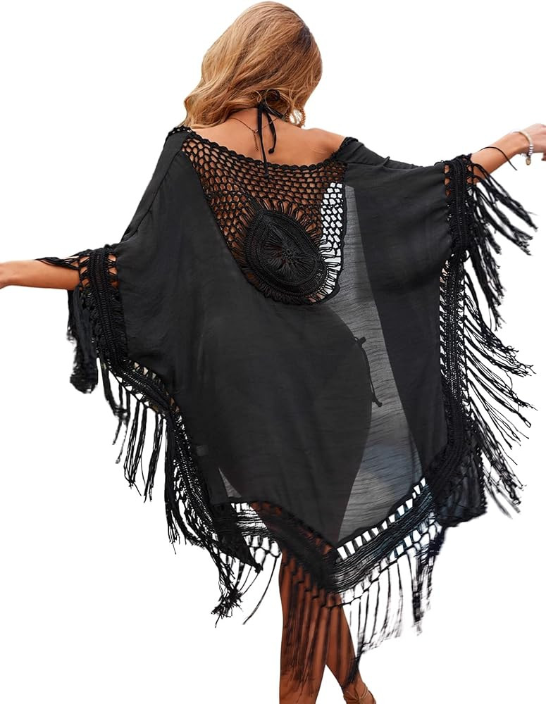 Floerns Women's Crochet Swimwear Fringe Trim Asymmetrical Hem Kimono Cover Up | Amazon (US)