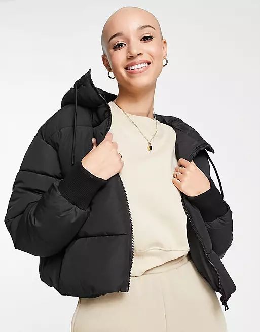 Monki Amber recycled short padded jacket with hood in black | ASOS (Global)