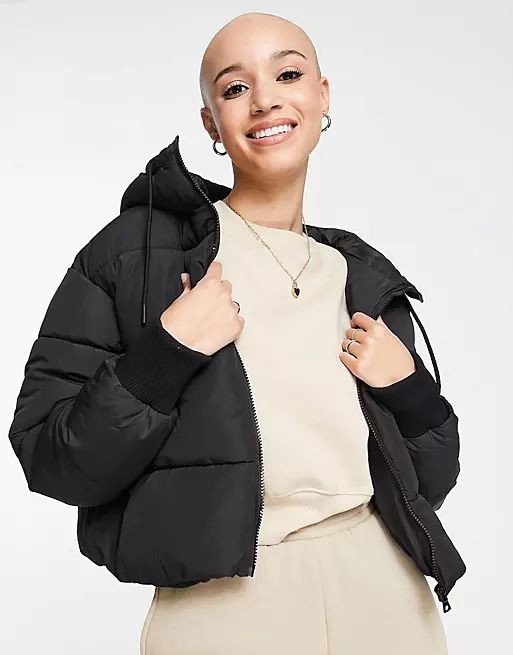 Monki Amber recycled short padded jacket with hood in black | ASOS (Global)