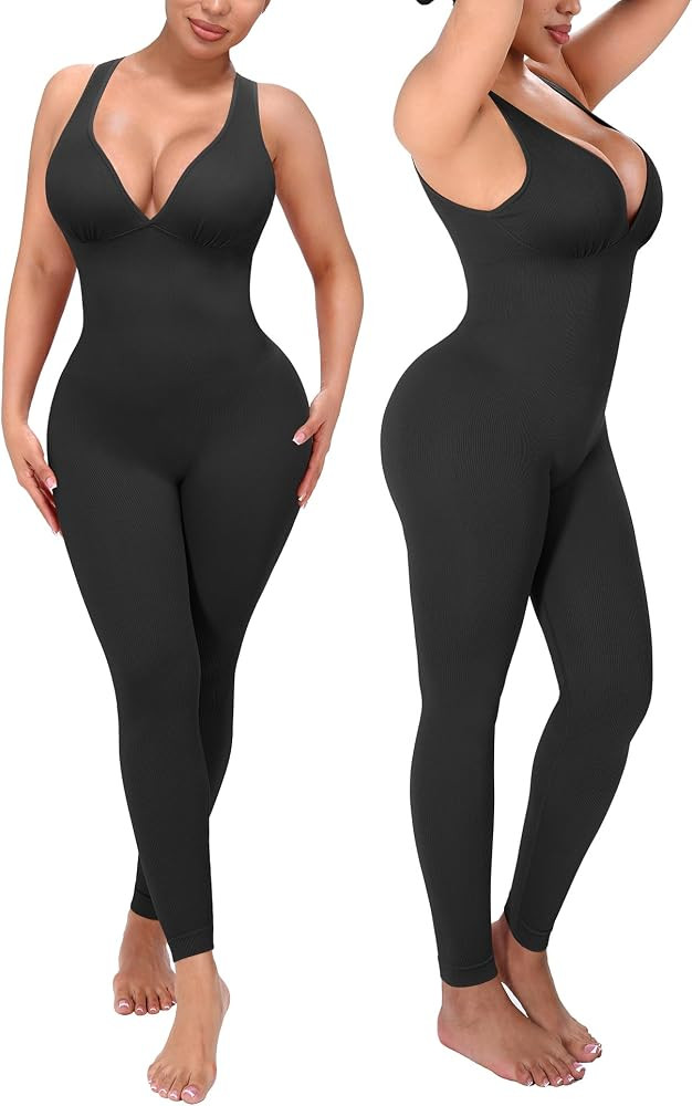 SHAPELLX Tummy Control Workout Jumpsuits for Women One Piece Comfy Yoga Outfits V Neck Sleeveless... | Amazon (US)