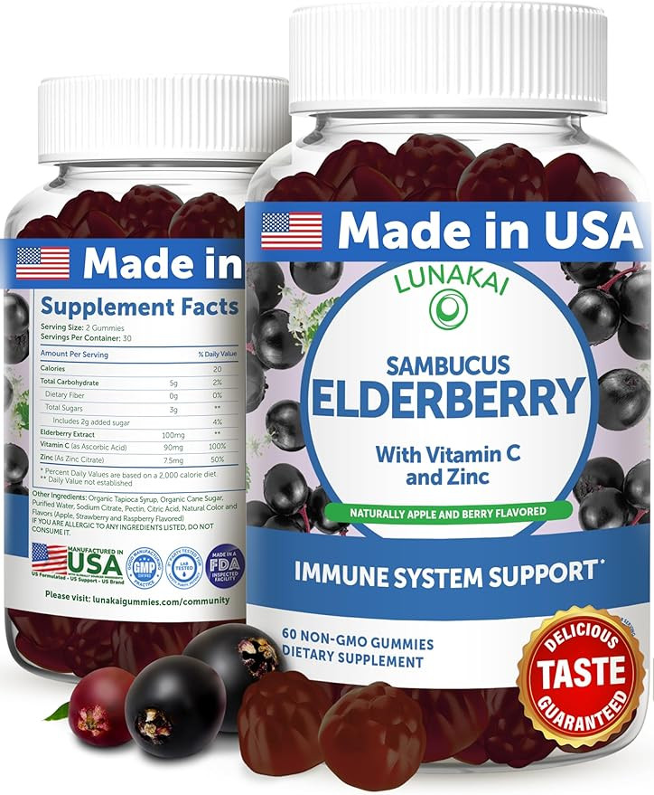 Lunakai USA Made Black Sambucus Elderberry Gummies for Adults & Kids with Vitamin C & Zinc - Immu... | Amazon (US)
