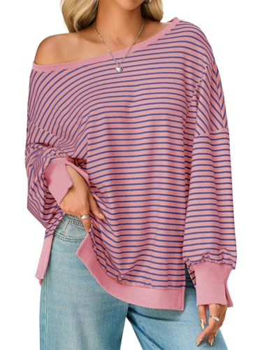 Tankaneo Womens Striped Oversized Sweatshirt Off The Shoulder Lantern Long Sleeve Top Split Fall ... | Amazon (US)
