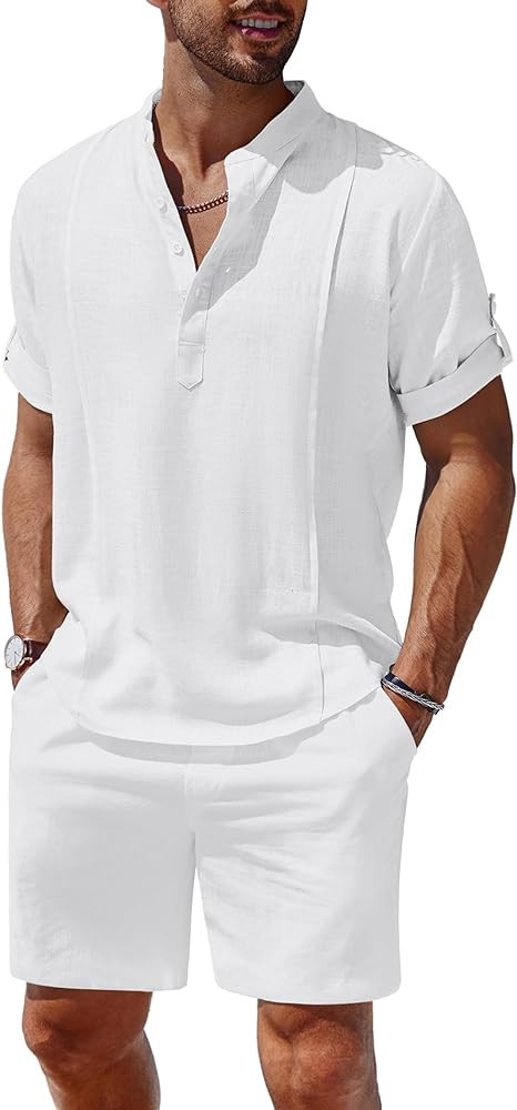 COOFANDY Men's 2 Pieces Linen Set Henley Shirt Short Sleeve and Shorts Summer Beach Yoga Matching... | Amazon (US)