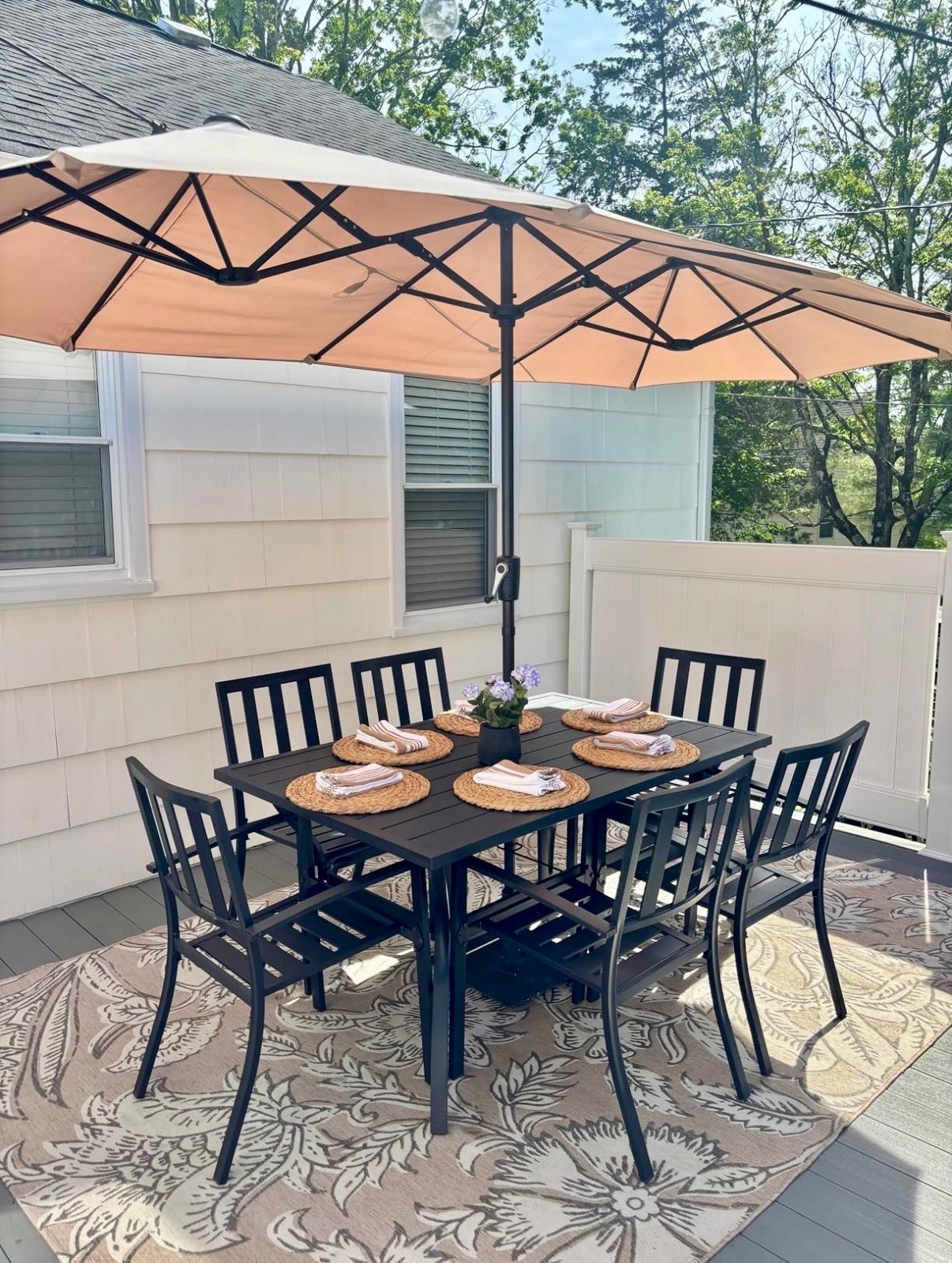 outdoor dining set that looks expensive but is shockingly affordable!! 

.
.
outdoor area rug | outdoor dining table and chairs | extra large market umbrella with uv resistant material |
15 ft rectangle umbrella with sunbrella fabric |
Tan, white, & black patio furniture & outdoor decor |

#LTKSeasonal #LTKHome #LTKSaleAlert