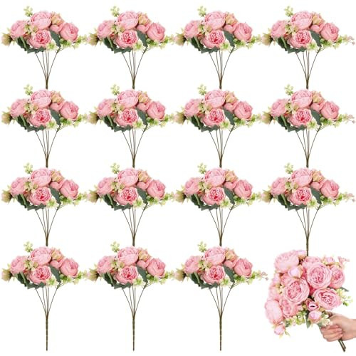 Crowye 16 Bundles Pink Fake Flowers Artificial Peonies Realistic Faux Flowers Wedding Bouquet Fake Silk Peony for Table Centerpieces Wedding Decoration Bridal Floral Arrangement(Light Pink) | Amazon (US)