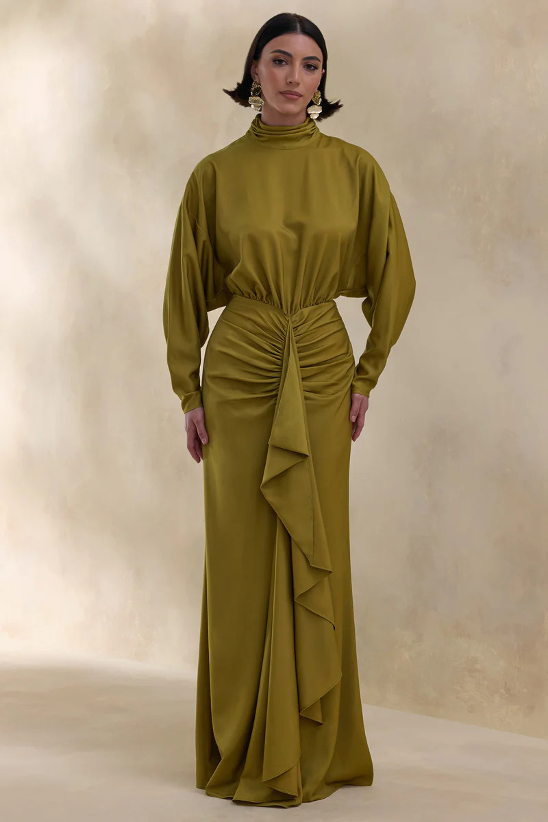 Perla | Olive High-Neck Maxi Dress With Gathered-Detailing | Club L London