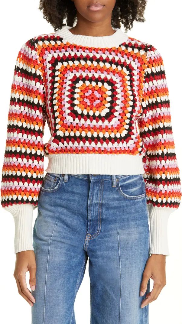 FARM Rio Stripe Blouson Sleeve Crochet Sweater | Nordstrom | Nordstrom