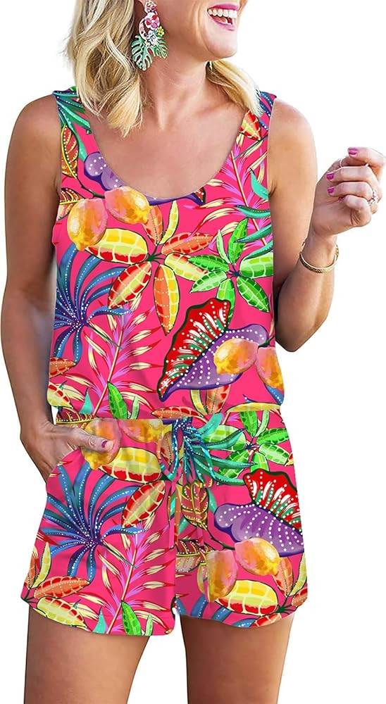 RAISEVERN Womens Rompers Summer Short Jumpsuits Casual Scoop Neck Sleeveless Romper with Pockets | Amazon (US)