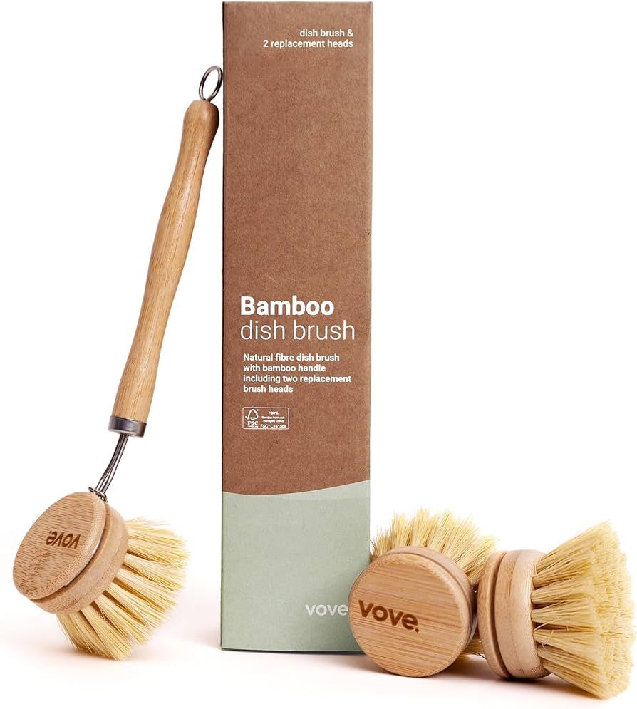 | Bamboo Dish Brush | Long Lasting Brush with 3 Replacement Heads | Natural Bristle | Eco-Friendl... | Amazon (US)