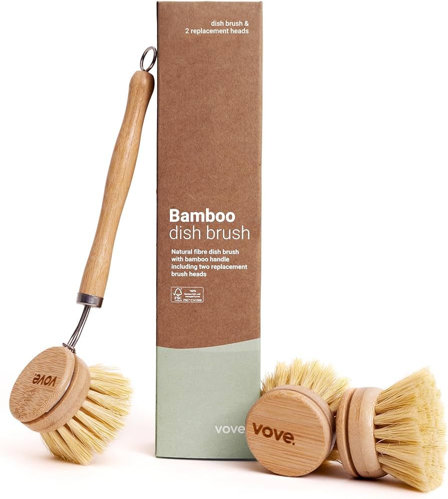 | Bamboo Dish Brush | Long Lasting Brush with 3 Replacement Heads | Natural Bristle | Eco-Friendl... | Amazon (US)