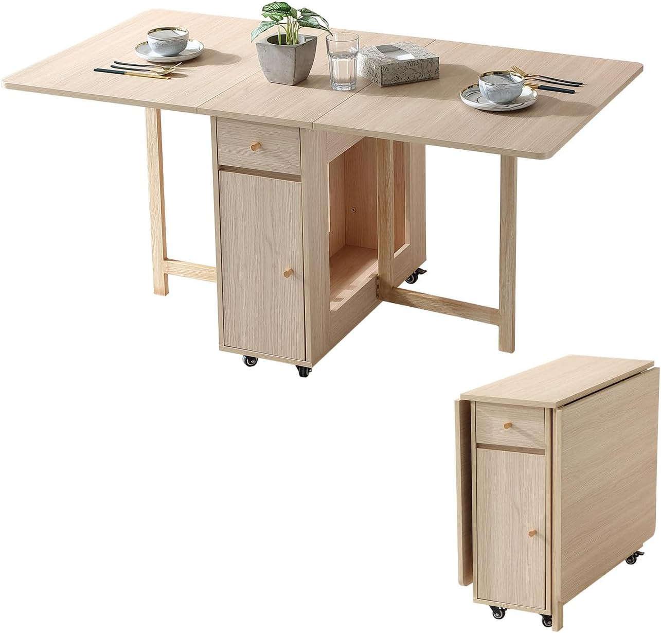 COMUHOME Extendable Drop Leaf Folding Dining Table with 2 Drawers and 4 Wheels for Living Room Ki... | Amazon (US)