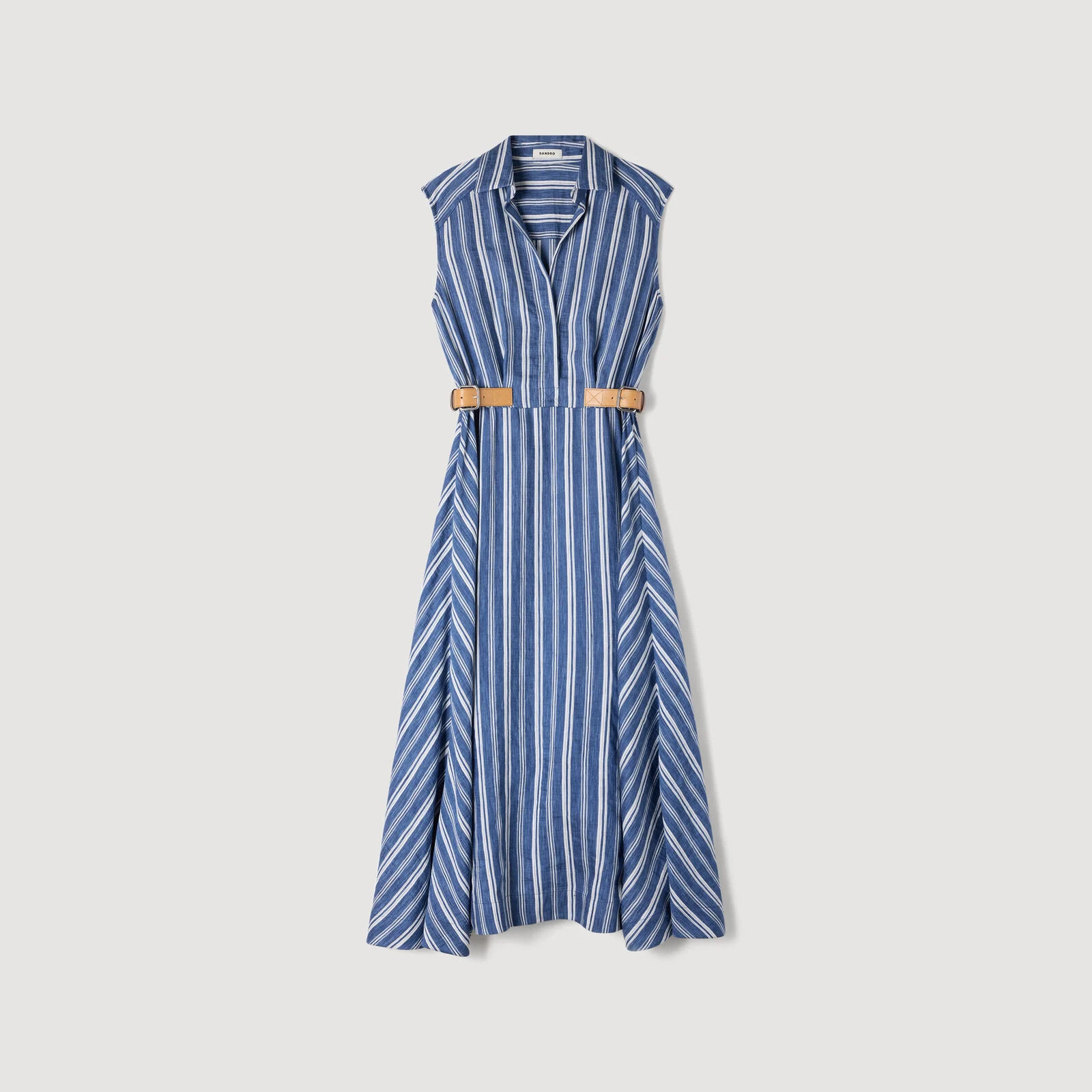 Striped maxi dress with leather tab | Sandro US | Sandro-Paris US