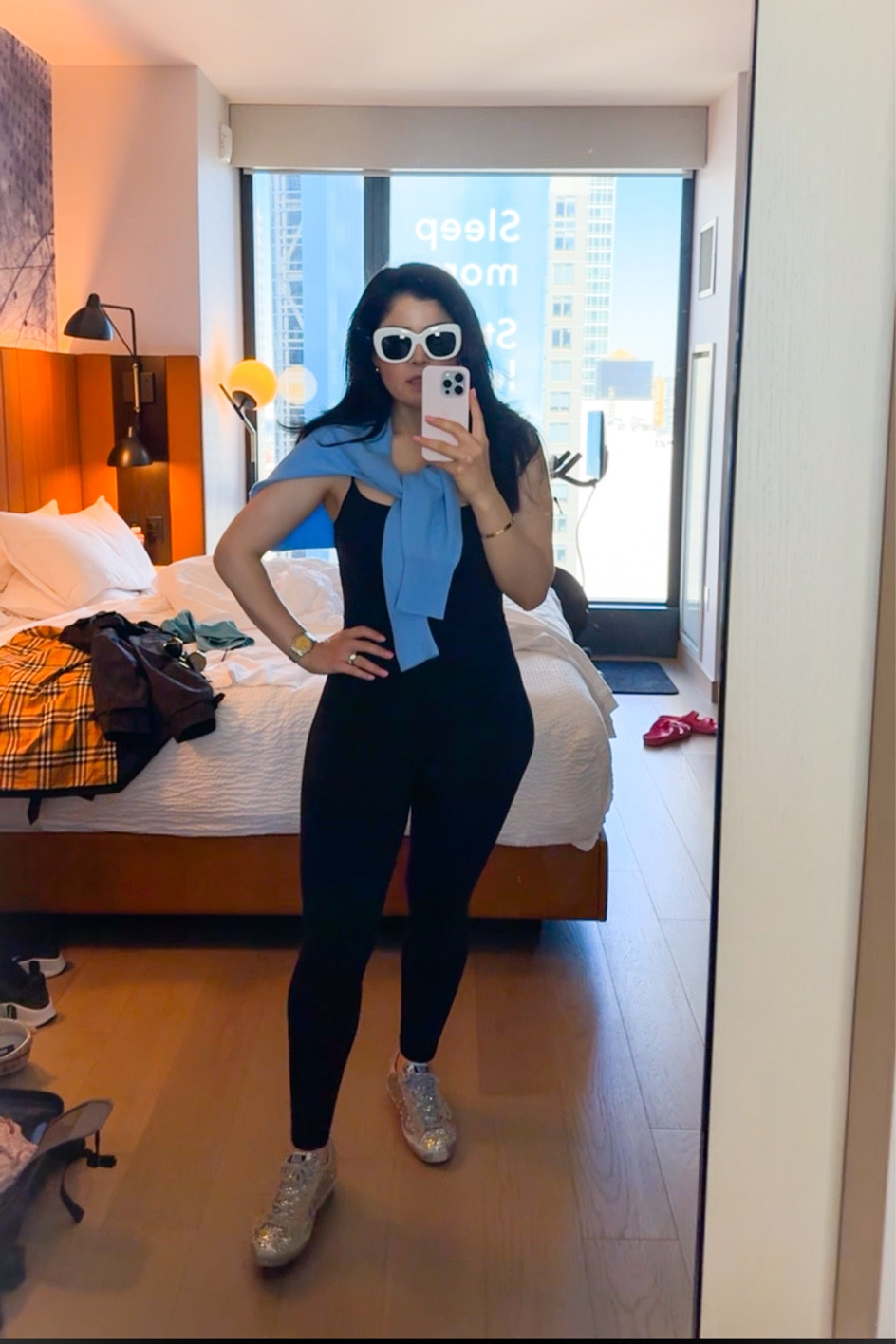 Bodysuit, jumpsuit, white sunglasses, cashmere sweater, golden goose, New York outfit, spring outfit, spring looks 

#LTKfindsunder50 #LTKsalealert #LTKfindsunder100