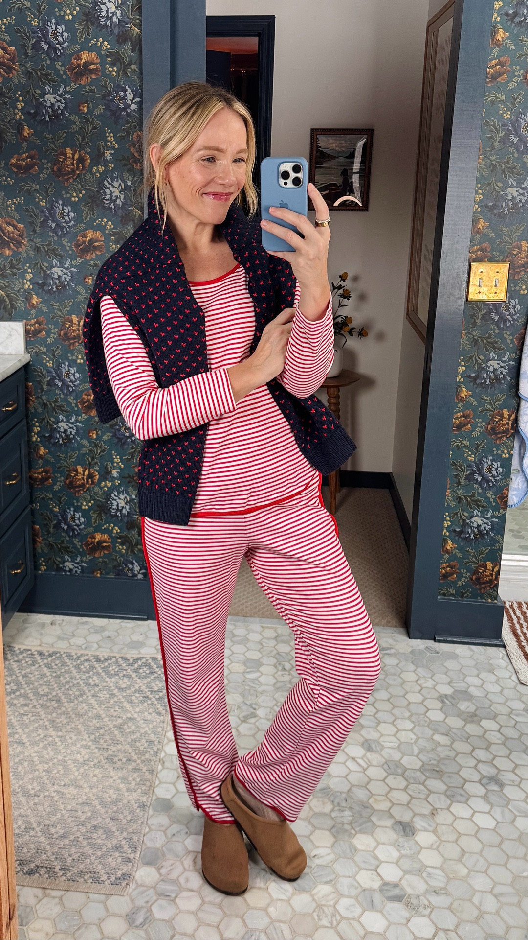 …wake up feeling confident & unstoppable 🤍 Wearing my regular size small, regular length in LAKE pajamas (5'3"), red sold out but available in blue AND their new Valentin's Day Styles (with the matching kids hearts)  Pistola heart sweater is true to size, size down one in Roth's Casual clog color is butternut, J.Crew socks ~ xo, Claire

#LTKSeasonal #LTKOver40 #LTKPetite