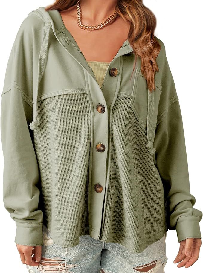 Duyang Women's Casual Fleece Shacket Long Sleeve Button Down Big Hug Hooded Shirt Jacket Boyfrien... | Amazon (US)