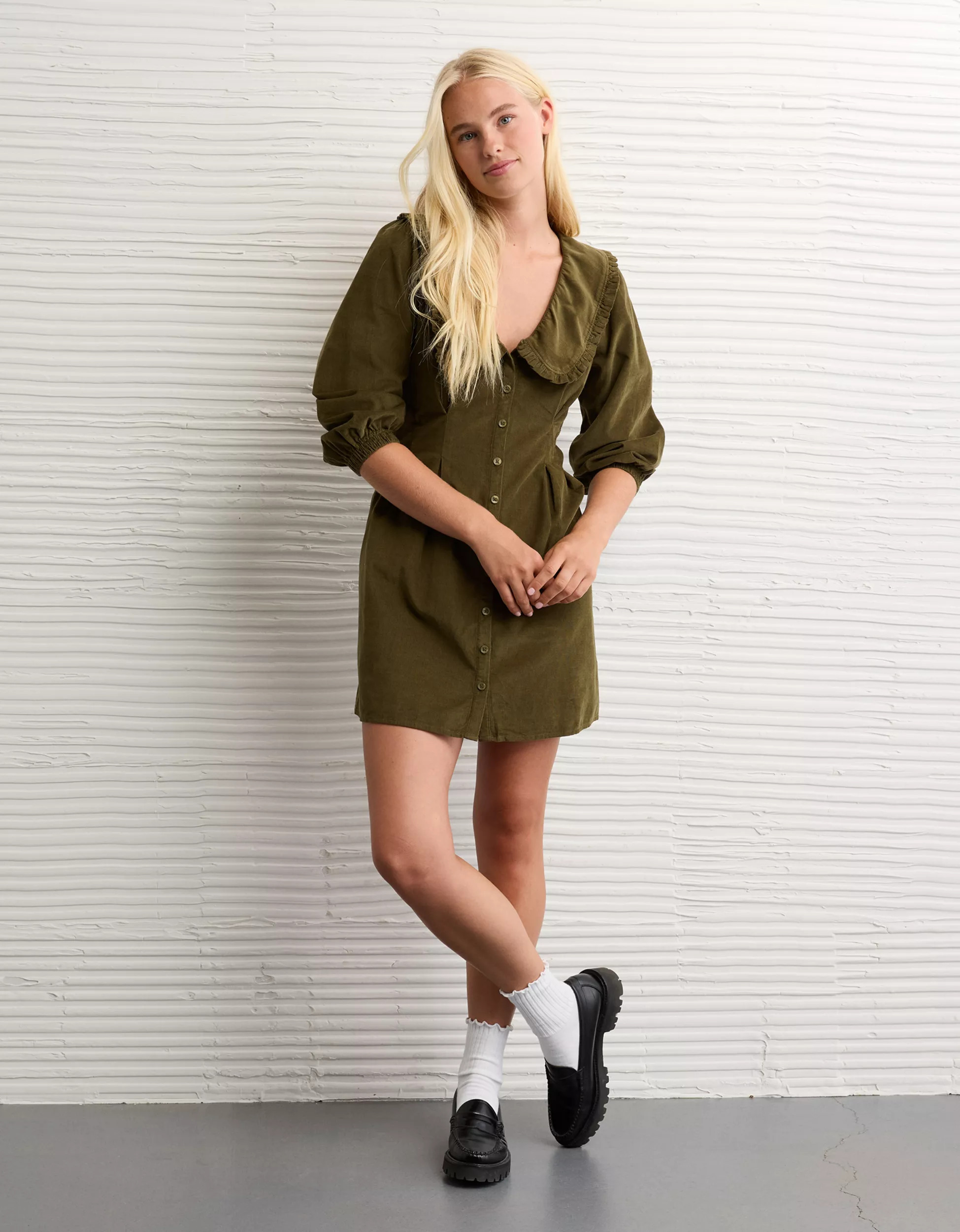 AE Button-Front Mini Dress | American Eagle Outfitters (US & CA)