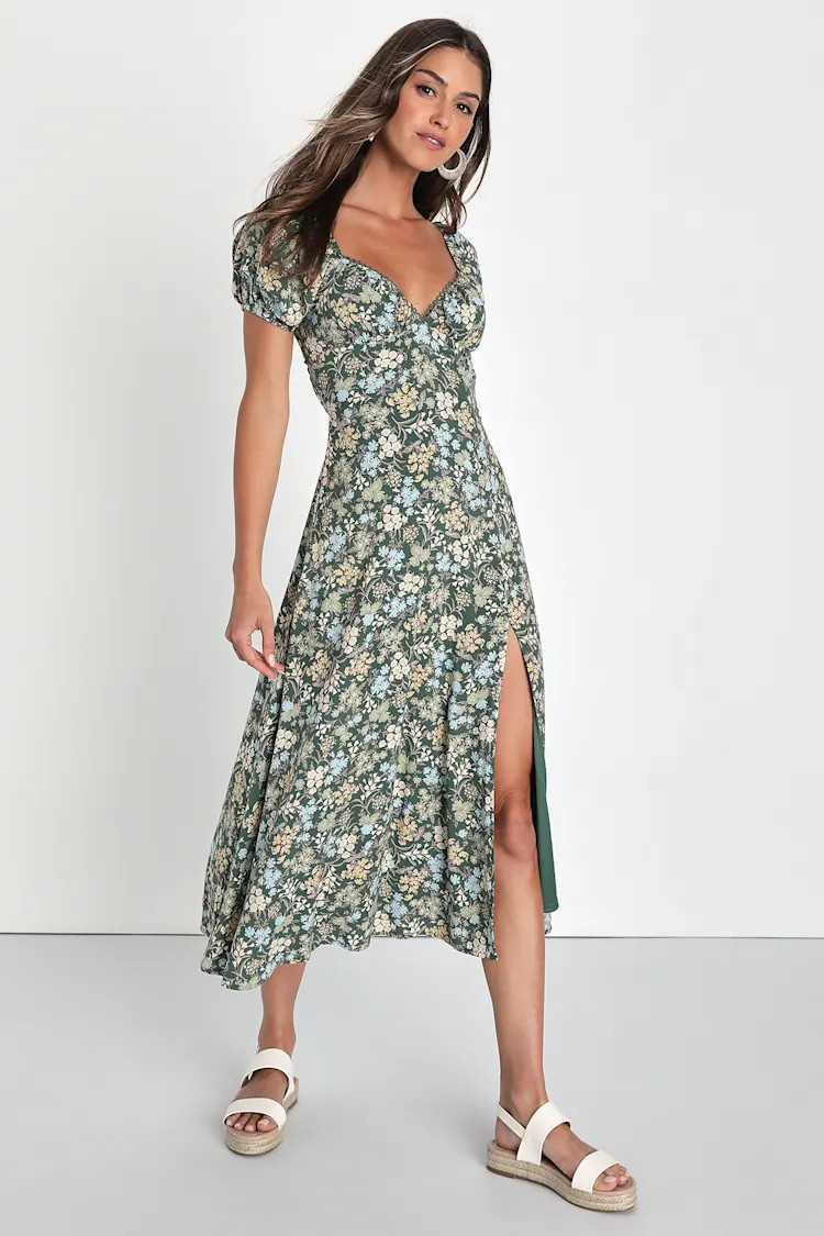 Meadow Muse Green Floral Tie-Back Puff Sleeve Midi Dress | Lulus