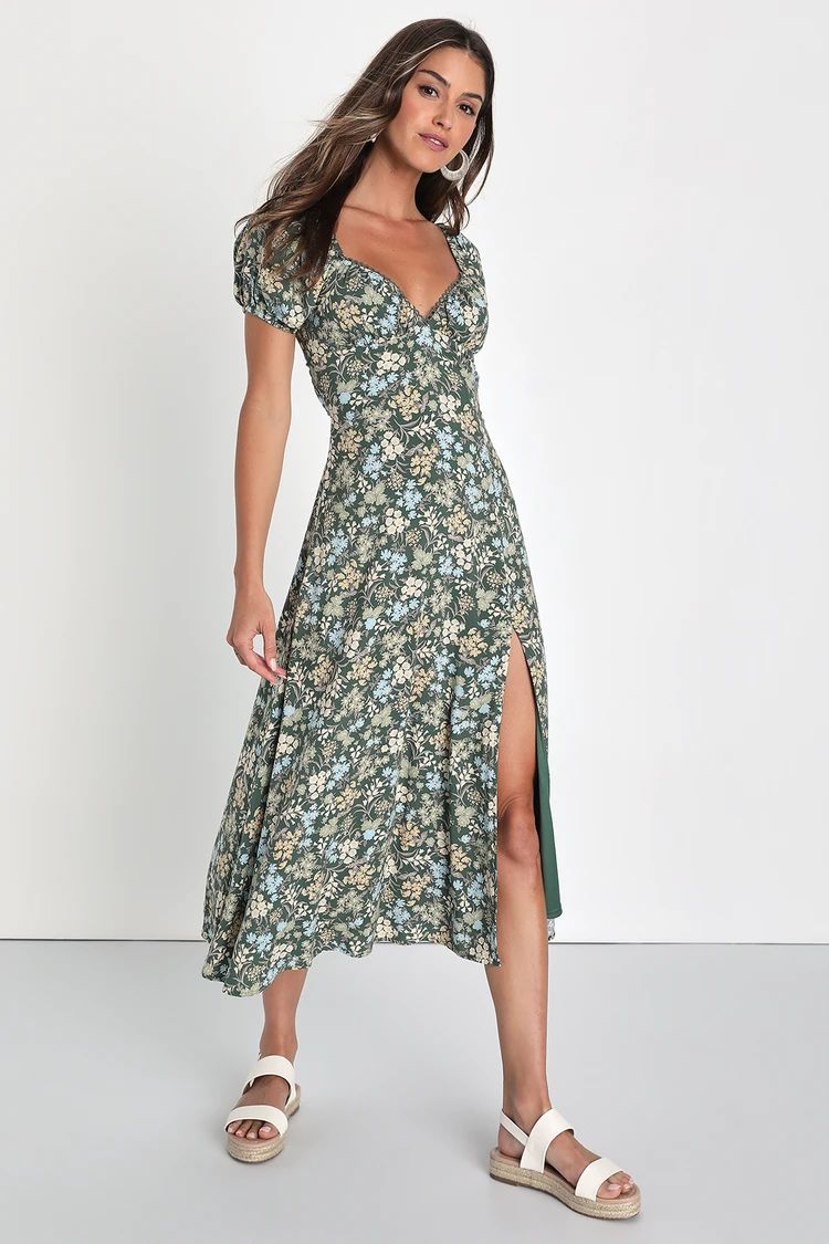 Meadow Muse Green Floral Tie-Back Puff Sleeve Midi Dress | Lulus