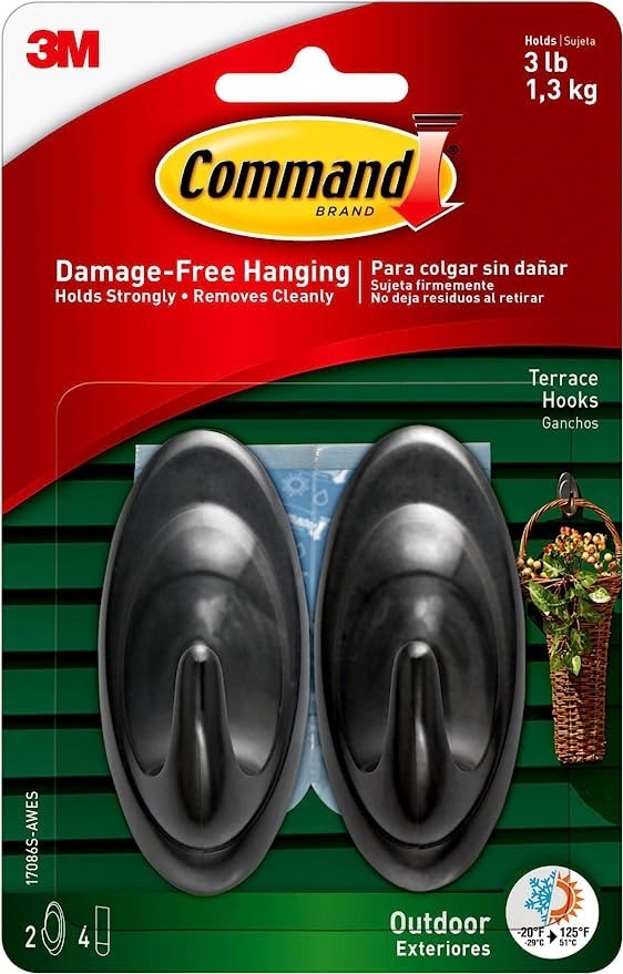 Command Outdoor Medium Terrace Hooks, Black, 3 lb Capacity, Water-Resistant Strips, 2-Hooks, 4-St... | Amazon (US)