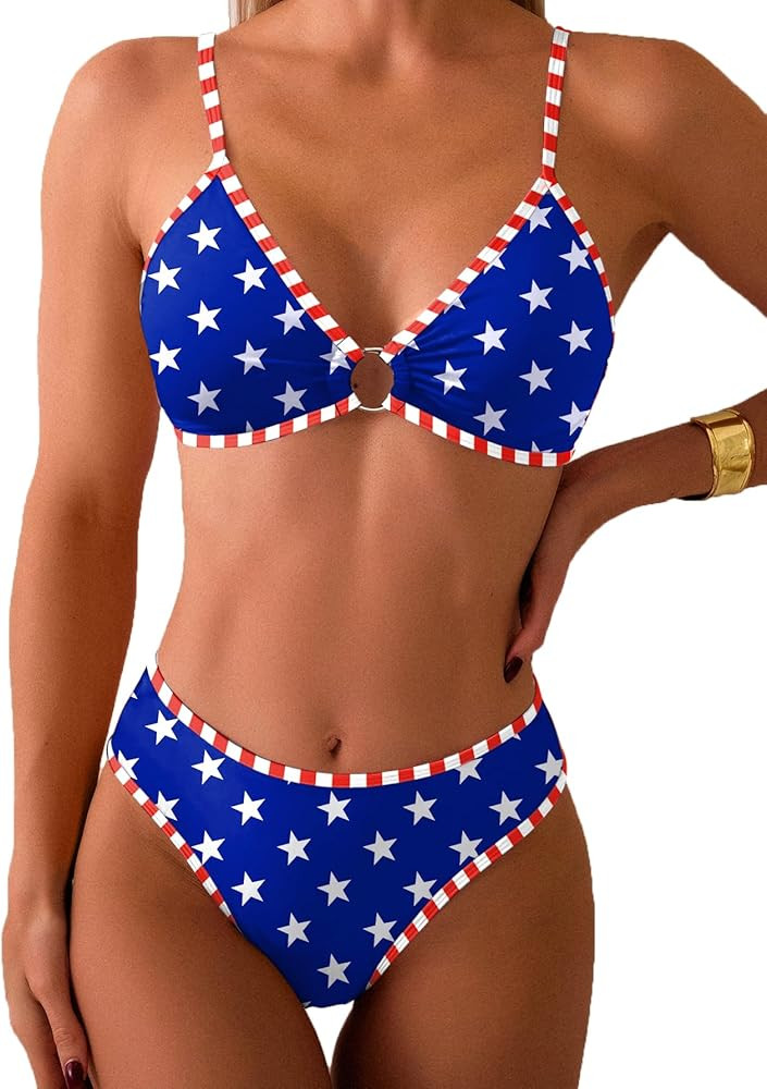 Fanuerg Women's Triangle Bikini Sets O Ring Linked Two Piece Swimsuits Floral Printed Cheeky Bath... | Amazon (US)