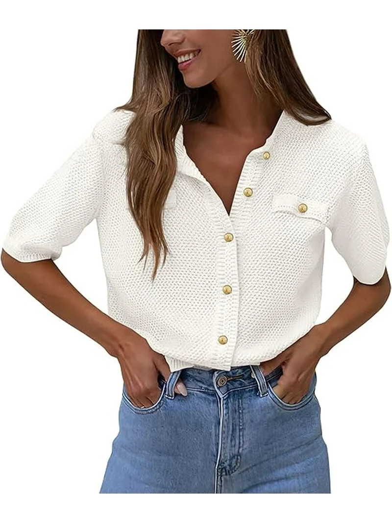 PRETTYGARDEN Women's Summer Button Down Shirts Casual Short Sleeve Crew Neck Ribbed Knit Blouse T... | Walmart (US)