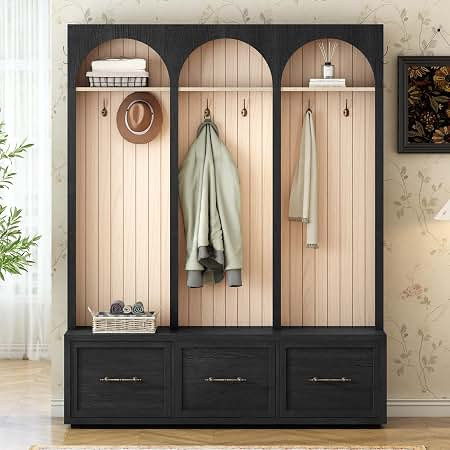 Merax Farmhouse Wood Hall Tree with 8 Hooks and Storage Shoe Bench, Arched Mudroom Versatile Coat... | Amazon (US)