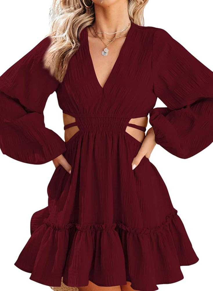 Acelitt Womens Elegant V Neck Long Sleeve Flowy Pleated A Line Mini Dress, S-XXL | Amazon (US)