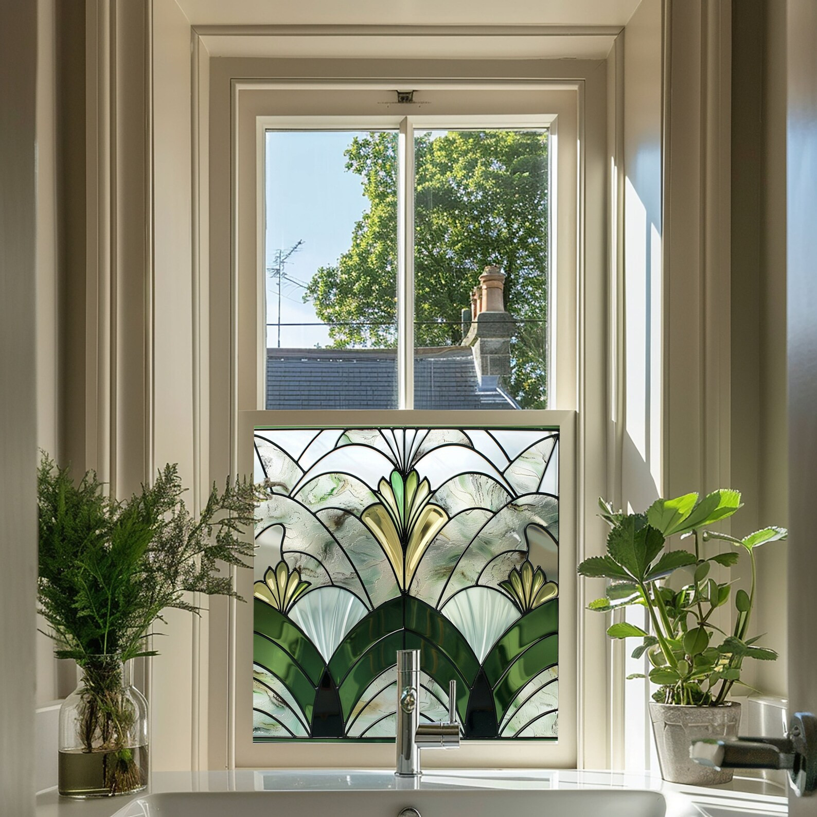 Art Deco Green Stained Glass Window Film, Privacy Window Film, Window Film, Stained Glass Window ... | Etsy (US)