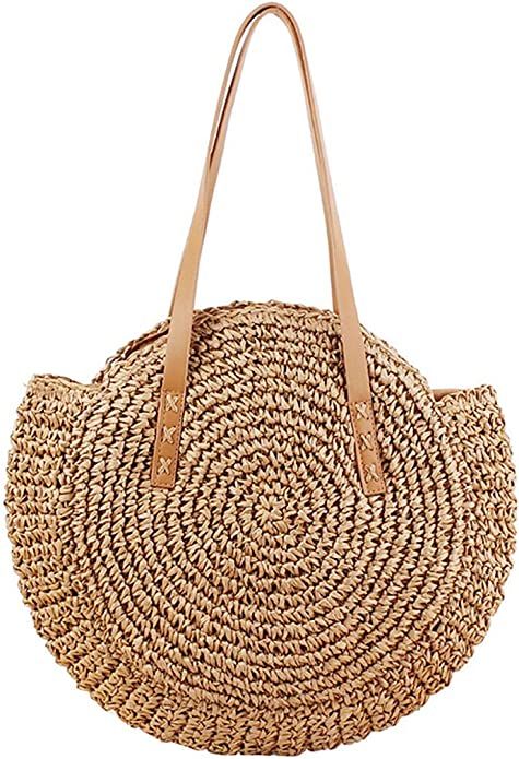 Round Straw Bag Handwoven Natural Summer Beach Shoulder Bag Rattan Crossbody Purse for Women | Amazon (US)