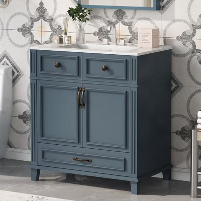 30 Inch Modern Single Sink Bathroom Vanity with 2 Doors & 2 Drawers, Quick Assembly, Solid Wood Construction Blue | Target