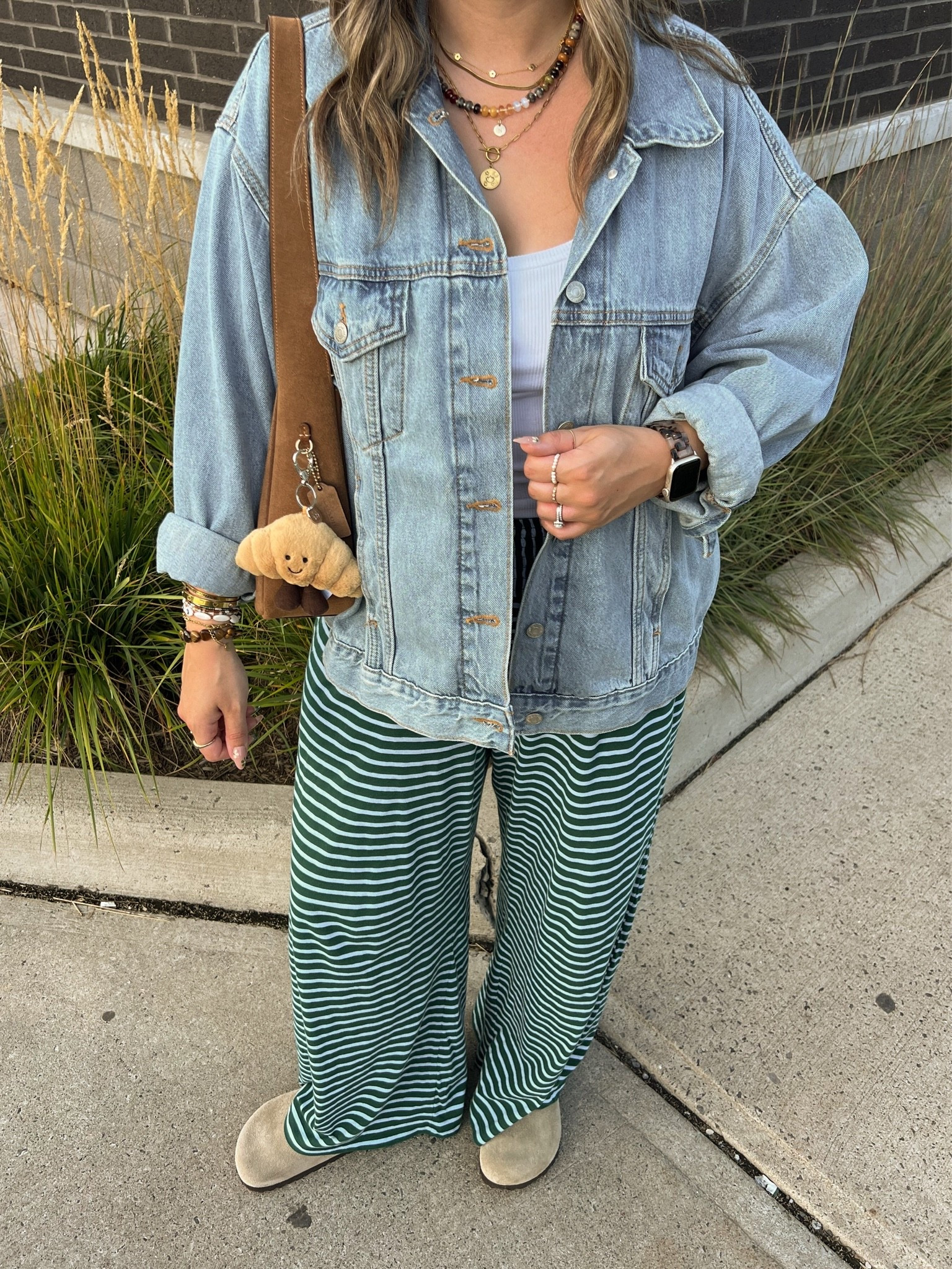 Comfy fall outfit! Wearing M in the bra free tank and L in the striped pants. Also linked similar sweater material pants for cooler weather! Sized up to XL in the denim jacket for an oversized fit. I’m a 9.5-10 shoe and wear a 40 in the Birkenstocks

#LTKfall #LTKsale #LTKstyletip