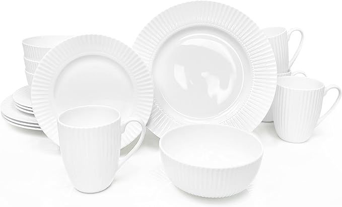 Dinnerware, 16 Piece Set Bone China, Service for 4, White Embossed stripe Dishes, Microwave Safe,... | Amazon (US)
