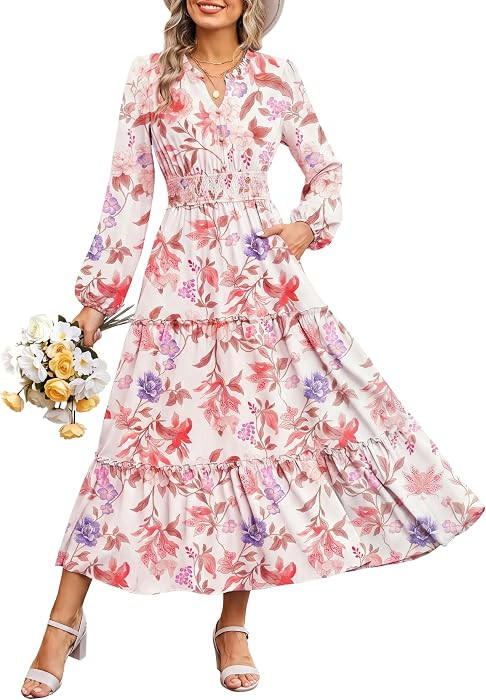 GRACE KARIN 2026 Women's Boho Floral Fall Wedding Guest Maxi Dresses/ Pockets,Long Sleeve,V Neck,... | Amazon (US)
