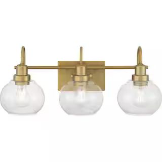 Halyn 23 in. 3-Light Vintage Brass Bathroom Vanity Light with Clear Glass Shades | The Home Depot